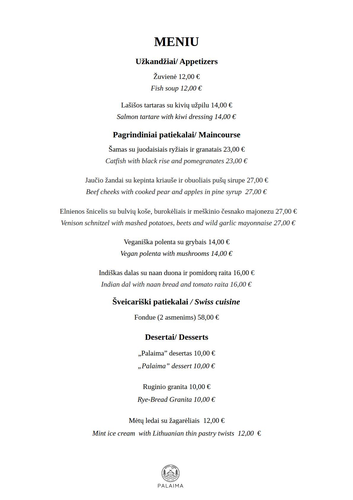 Palaima restaurant menu0